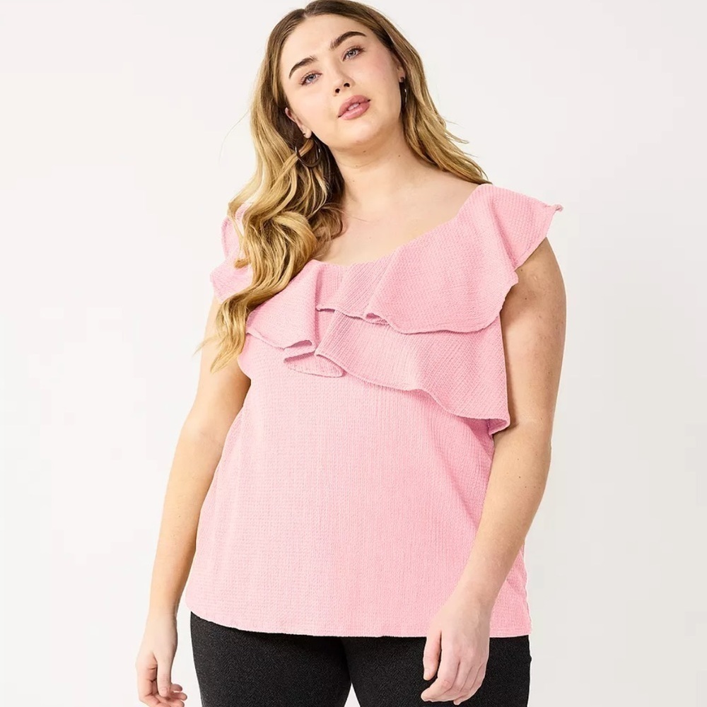 Nine West Women's Size Large Sleeveless Ruffle Detail Top Light‎ Pink Textured